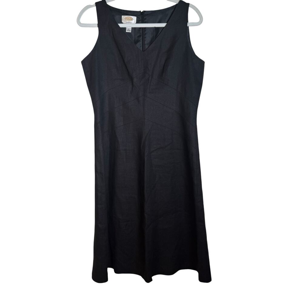 TALBOTS Vtg Black Lined 100% Irish Linen Sleeveless Midi A-line Dress Size 10